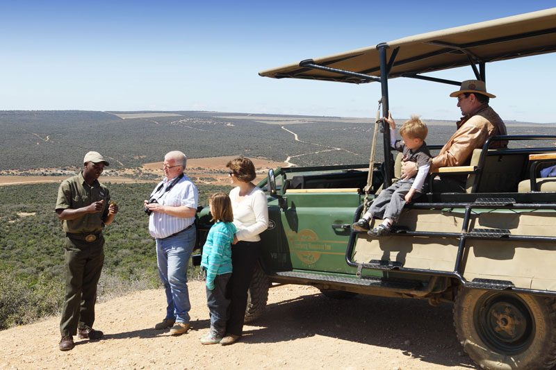 A guide and a family group at a viewpoint overlooking the valley beside their vehicle